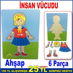 6 Parçadan Oluşan İnsan Vücudu Puzzle'ı Ahşap Malzemeden Üretim 31x22cm Eğitici Öğretici