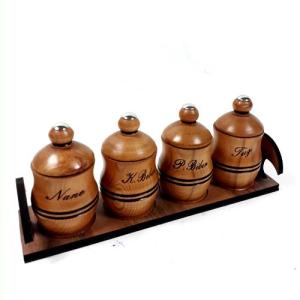 Ahşap Standlı Komple Ahşap 4 Lü Oyma Yazılı Baharatlık 35 cm 