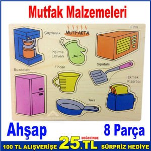 8 Parçadan Oluşan Mutfak Malzemeleri Puzzle'ı Ahşap Malzemeden Üretim 22x30cm Eğitici Öğretici