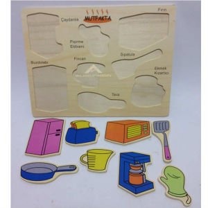 8 Parçadan Oluşan Mutfak Malzemeleri Puzzle'ı Ahşap Malzemeden Üretim 22x30cm Eğitici Öğretici