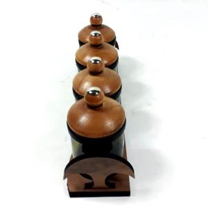Ahşap Standlı ve Kapaklı 4 Lü Yazılı Cam Baharatlık 35 cm 