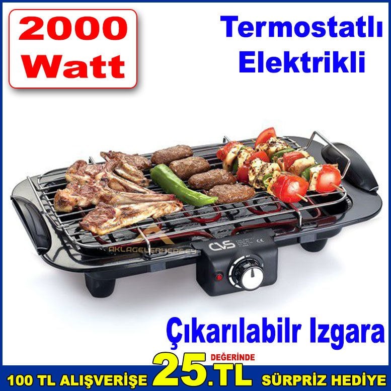 CVS Şölen Termostatlı Elektrikli Barbekü Alevlenmez ve Zehirli Gaz Yaymaz 2000Watt Kokusuz Barbekü