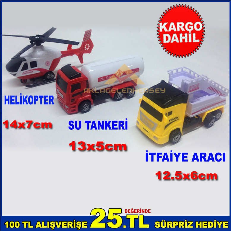 ÇOCUKLARIN SEVECEĞİ VE EĞLENECEĞİ 3 PARÇA PLASTİK SU TANKERİ,HELİKOPTER,İTFAİYE ARACI
