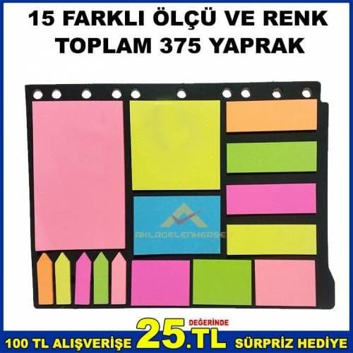 15 FARKLI ÖLÇÜ VE RENKLERDE 375 YAPRAK YAPIŞKANLI KAĞIT POST-IT