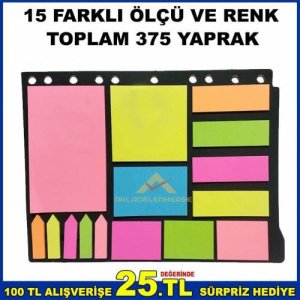 15 FARKLI ÖLÇÜ VE RENKLERDE 375 YAPRAK YAPIŞKANLI KAĞIT POST-IT