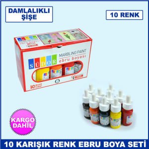 Damlalıklı Yeni Şişelerde 10 Karışık Farklı Renk Ebru Boya Seti - Südor Ebru Boyası 25 ml