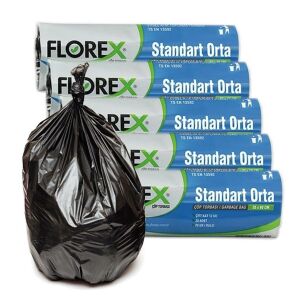 5 Rulo=Toplam 100 adet Standart Orta 55x60 Siyah Çöp Poşeti Tse Garantili 2 Kat Sağlam Çöp Torbası