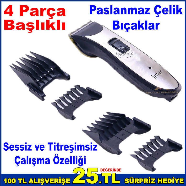 İnter RD-988 Paslanmaz Çelik Bıçaklı Saç,Sakal Tıraş Makinesi 4 Başlıklı Profesyonel Traş Makinesi