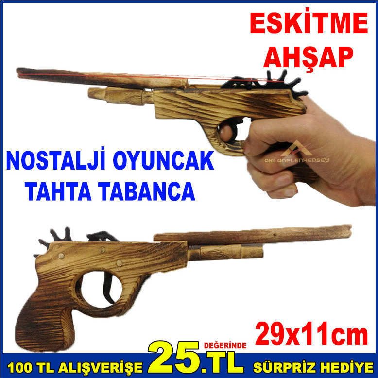 LASTİK FIRLATMA ÖZELLİKLİ MEKANİZMALI ESKİTME AHŞAP NOSTALJİK OYUNCAK TAHTA TABANCA 29x11cm