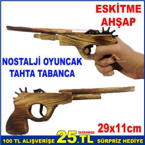 LASTİK FIRLATMA ÖZELLİKLİ MEKANİZMALI ESKİTME AHŞAP NOSTALJİK OYUNCAK TAHTA TABANCA 29x11cm