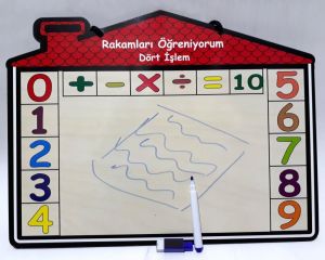 Ahşap Ev Model İki Yüzlü 38x29cm Ebatında Özel Kalemli Yazı Tahtası Rakamları Öğreniyorum 4 İşlemle