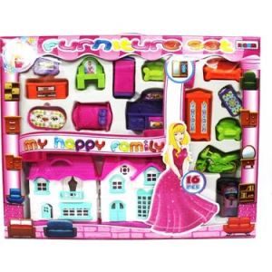16 Parça Oyuncak Ev ve Tam Takım Mobilya Seti 18x18cm Ebatında Ev Arabası Motoru Oturma Takımı ile