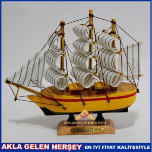 3 DİREKLİ 14CM AHŞAP CİLALI MİNİ MAKET GEMİ 