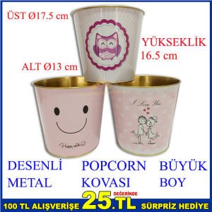 Büyük Boy Desenli Metal Lüx Dekoratif Popcorn Mısır Kovası