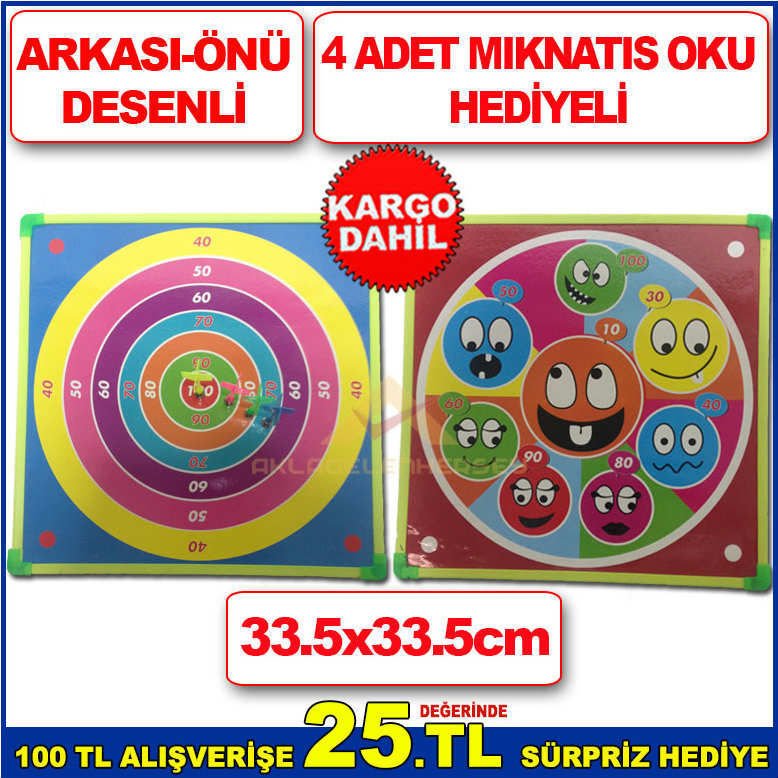 33.5x33.5cm BOYUTLARINDA İKİ TARAFI DESENLİ 4 ADET MIKNATISLI DART OKU HEDİYELİ DART TAHTASI