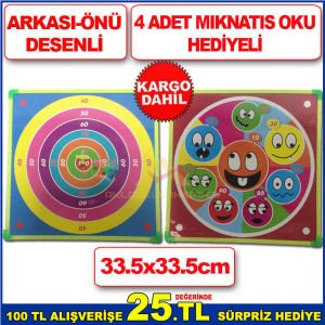 33.5x33.5cm BOYUTLARINDA İKİ TARAFI DESENLİ 4 ADET MIKNATISLI DART OKU HEDİYELİ DART TAHTASI