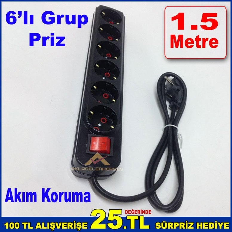 As Grup Akım Korumalı 6'lı Priz 1.5 Metre Kablo Uzunluğuna Sahip Anahtarlı 6'lı Grup Priz Siyah