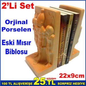 2'Li Set Porselen Kitap Dayama Standı Antik Mısır Dönemi Tanrıça Hathor Mykerinos Firavun Heykeli