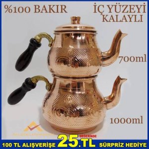 Büyük Boy Bakır Çaydanlık Elişi Çekiç Dövme %100 Bakır Kalaylı Çaydanlık Seti Çay Demleme Seti