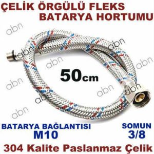 ÇELİK TEL ÖRGÜLÜ FLEKS BATARYA BAĞLANTI HORTUMU Somun3/8-Batarya:M10-UZUNLUK:50cm Eniyi Kalite Flexi