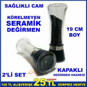 BÜYÜK BOY SAĞLIKLI CAM HAZNELİ KAPAKLI 19cm TUZ KARABİBER ÖĞÜTÜCÜ SERAMİK ÇARKLI PASLANMAZ DEĞİRMEN