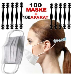 100 Adet Ultrasonik 3 kat Lastikli Yüz Maskesi ile+100 adet Kulak Koruyucu Kolay Maske Takma Aparatı