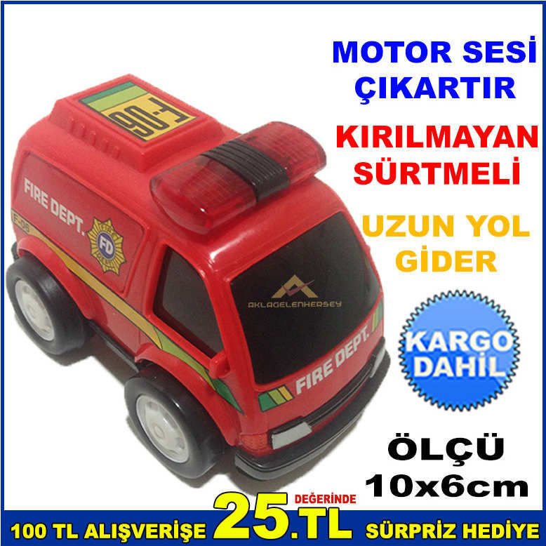 MİNİ İTFAİYE ARABASI 10x6cm EBATINDA MOTOR SESİ ÇIKARTAN KIRILMAYAN SÜRTMELİ UZUN YOL GİDEN ARABA