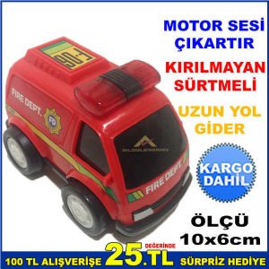 MİNİ İTFAİYE ARABASI 10x6cm EBATINDA MOTOR SESİ ÇIKARTAN KIRILMAYAN SÜRTMELİ UZUN YOL GİDEN ARABA