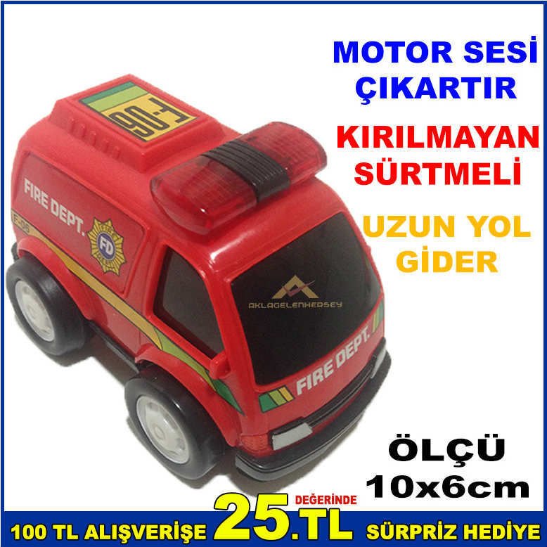 MİNİ İTFAİYE ARABASI 10x6cm EBATINDA MOTOR SESİ ÇIKARTAN KIRILMAYAN SÜRTMELİ UZUN YOL GİDEN ARABA