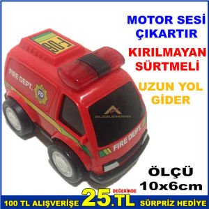 MİNİ İTFAİYE ARABASI 10x6cm EBATINDA MOTOR SESİ ÇIKARTAN KIRILMAYAN SÜRTMELİ UZUN YOL GİDEN ARABA