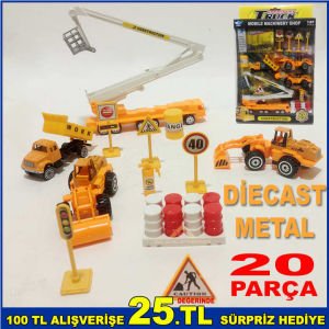 DİECAST METAL İNŞAAT ORTAMI SAĞLAYAN 20 PARÇADAN OLUŞAN ÇALIŞMA MAKİNELERİ VE UYARI LEVHALARI