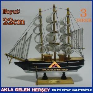 3 DİREKLİ 22 CM YELKENLİ AHŞAP MAKET GEMİ 