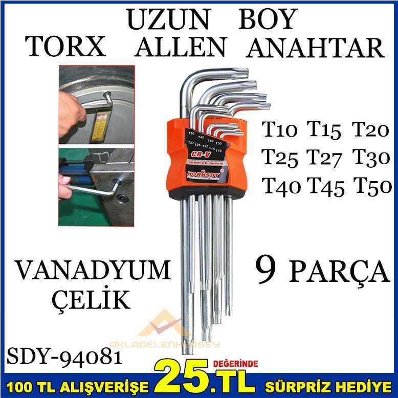 UZUN KOLLU VANADYUM 9 PARÇA TORX ALLEN ANAHTAR