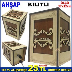 KİLİTLİ AHŞAP PARA KUMBARASI,BÜYÜK BOY PARA BİRİKİM KUTUSU KUMBARAM AHŞAP MONEYBANK -2