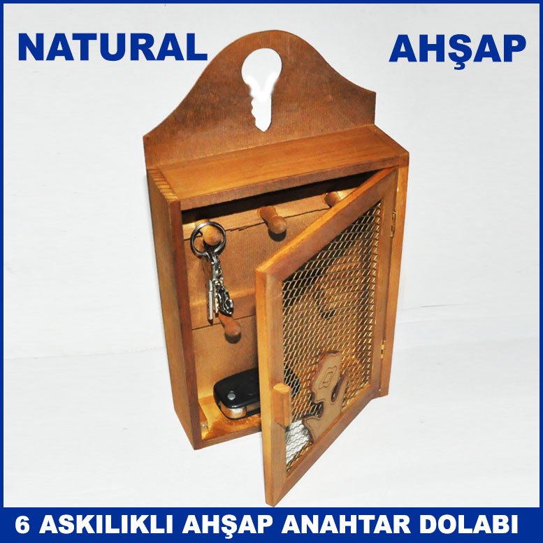 Natural Ahşap 6 Askılı Anahtar Kutusu - Anahtar  Dolabı - Dekoratif Anahtar Dolabı