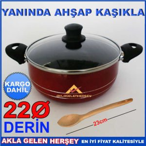 Cam kapaklı 3 kat teflon kaplama en sağlıklı tencere AHŞAP KAŞIK HEDİYELİ DERİN 22cm TEFLON TENCERE