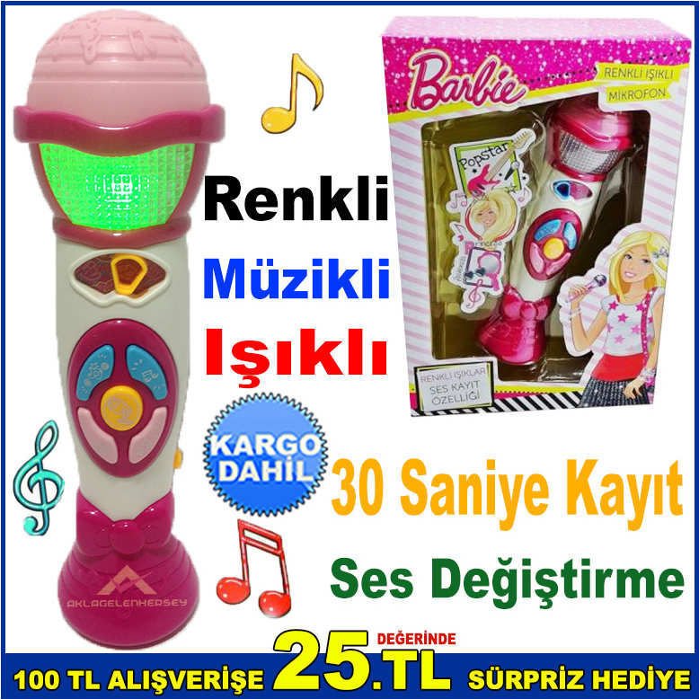 Barbie Renkli Sesli ve Işıklı Mikrofon Ses Değiştirme Özellikli İngilizce Şarklı Işıklı Mikrofon