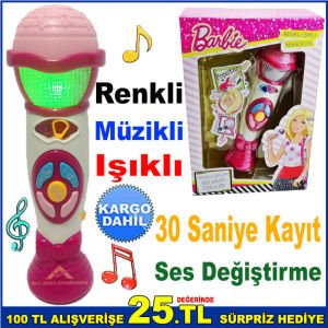 Barbie Renkli Sesli ve Işıklı Mikrofon Ses Değiştirme Özellikli İngilizce Şarklı Işıklı Mikrofon