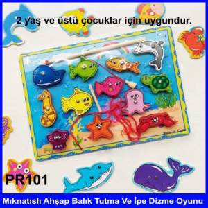 Ertanoy PR101 Zeka Geliştirici Kaliteli Ahşap Mıknatıslı Balık Tutma Ve İpe Dizme Oyunu