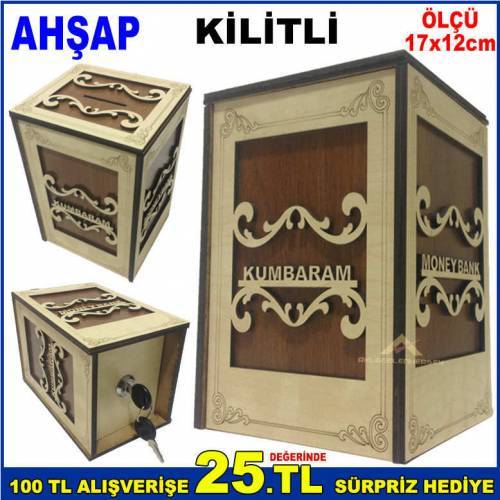 Kilitli Ahşap Para Kumbarası,Büyük Boy Para Birikim Kutusu Kumbaram Ahşap Moneybank