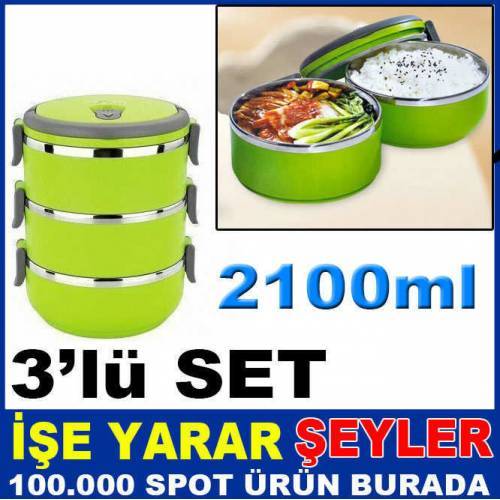 3 Kaplı Yemek Termosu Seti 1400ml Isı Korumalı Koku Yapmaz Paslanmaz Çelik İç Yüzeyli Yemek Termosu