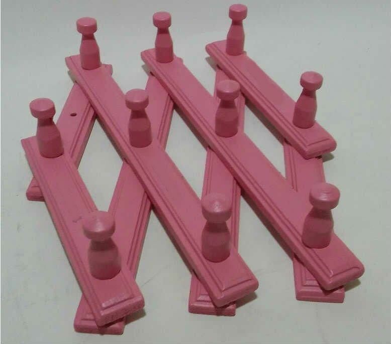 Pembe Renk Katlanabilir Retro 10 Kanca Ahşap Akordeon Askı,Sağlam Kancalı Nostaljik Duvar Kapı Askı