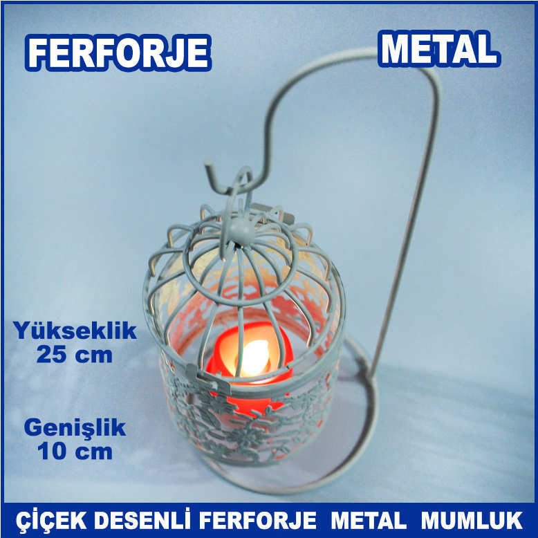 Çiçek Desenli Ayaklı Ferforje Metal Kafes Mumluk - Tea Light Mumluk - Dekoratif Mumluk 25x10 cm