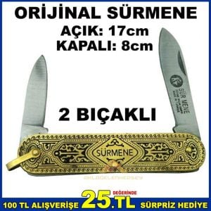 %100 ORİJİNAL SÜRMENE KLASİK NOSTALJİK İŞLEMELİ 2 BIÇAKLI ÇAKI SÜRMENE ÇAKISI