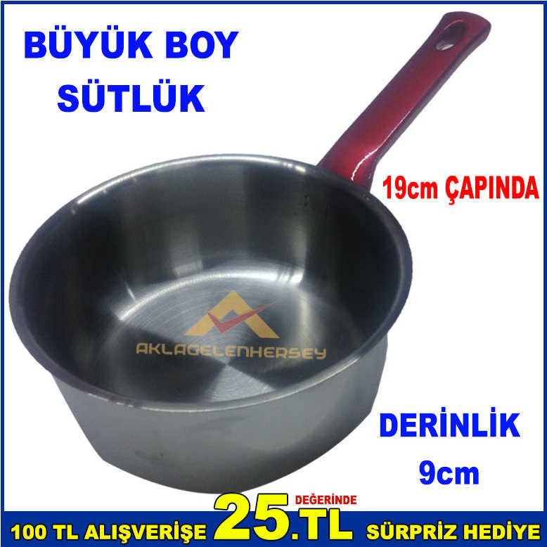 19cm ÇAPINDA PASLANMAZ ÇELİK KOÇERO SAPLI BÜYÜK BOY SÜTLÜK 9cm DERİNLİK