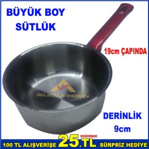 19cm ÇAPINDA PASLANMAZ ÇELİK KOÇERO SAPLI BÜYÜK BOY SÜTLÜK 9cm DERİNLİK