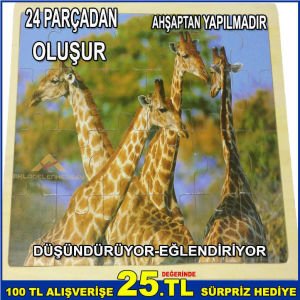 24 PARÇADAN OLUŞAN ÇOCUKLARIN GÜZEL ZAMAN GEÇİREBİLECEĞİ EĞLENCELİ ZÜRAFA FİGÜRLÜ AHŞAP PUZZLE