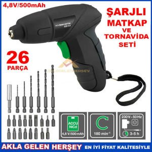 26 PARÇA 4,8 VOLT ŞARJLI MATKAP ve TORNAVİDA SETİ,MATKAP UCU-DEĞİŞİK BİTLERLE ŞARJLI VİDALAMA SETİ