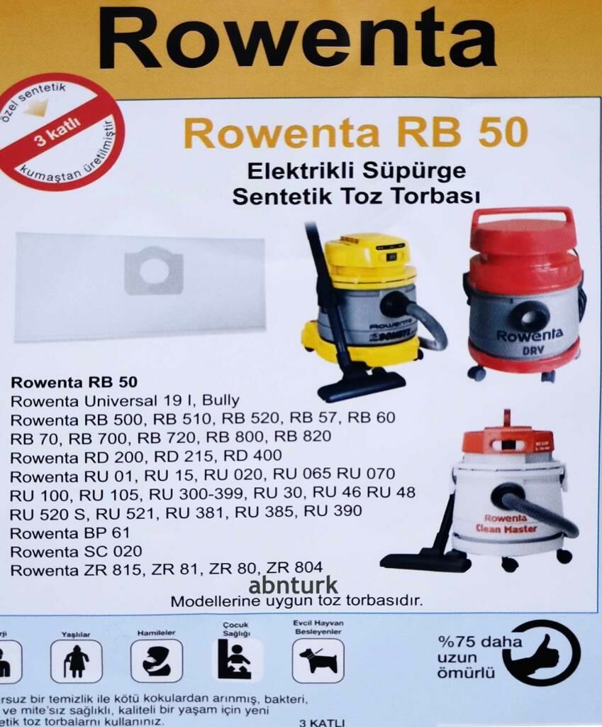 5 adet Rowenta RB57, RB 60,RB 70 3 Kat Elyaf Elektrikli Süpürge Torbası AntiAlerjik Sentetik Hijyen Torba