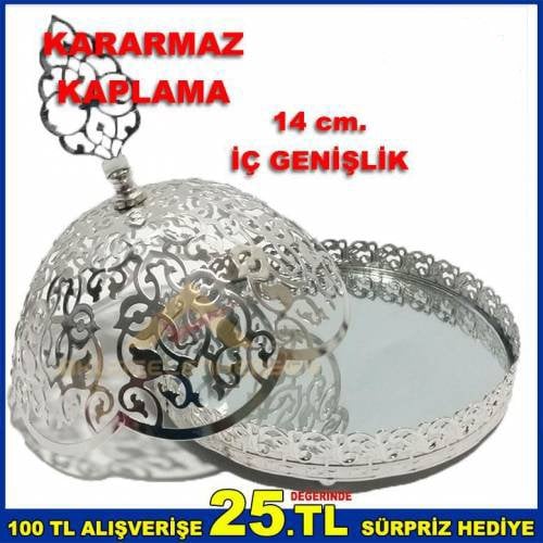 15 Cm. İçi Aynalı Kararmaz Kaplamalı Gümüş Renk Metal Şekerlik